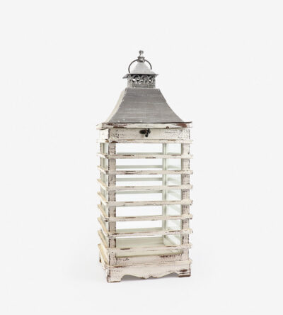 Wooden lantern in white color with metal cap in brown color