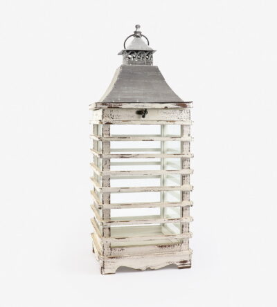 Wooden lantern in white color with metal cap in brown color