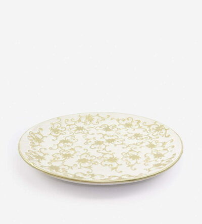 White ceramic round platter with gold details