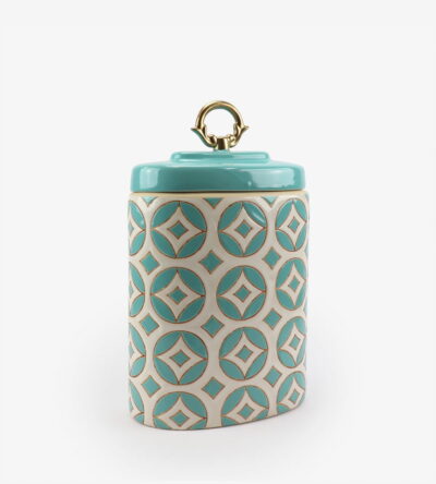 Ceramic vase in white and veraman color with veraman ceramic lid and gold details