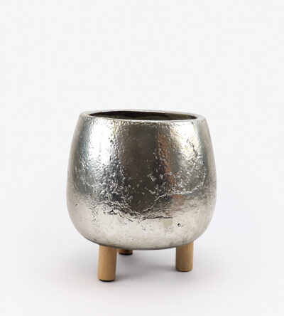 Stone vase in silver color with wooden legs