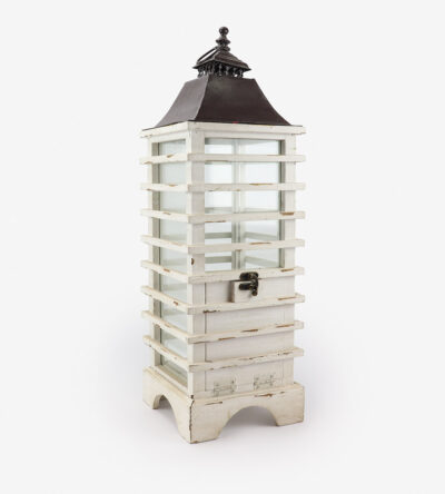 White wooden lantern with a brown metal cap
