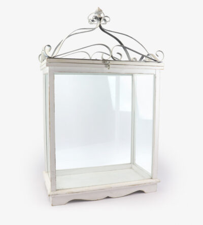 Wooden lantern with metal decoration in white color