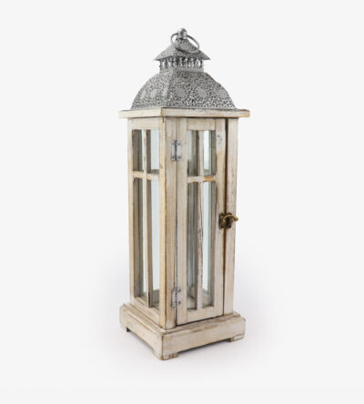 Wooden lantern with metal cap in white color