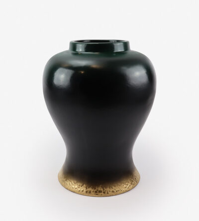 Ceramic vase in dark green color with black shade and gold details